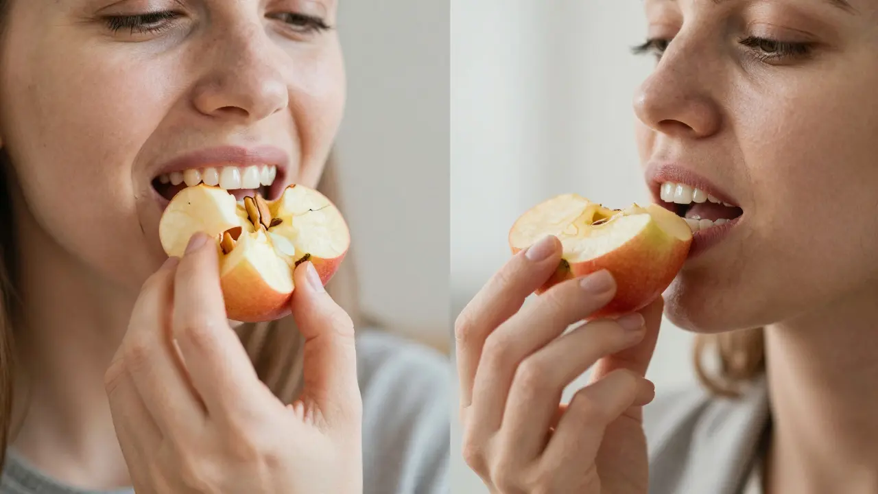 Kontrast mezi špatným a správným používáním zubních protéz při jídle.