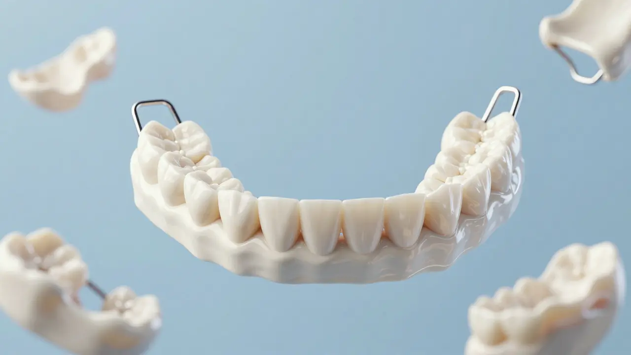 Kost čelisti s chybějícími zuby a plavajícími částečnými protézami jako symbol obnovy.