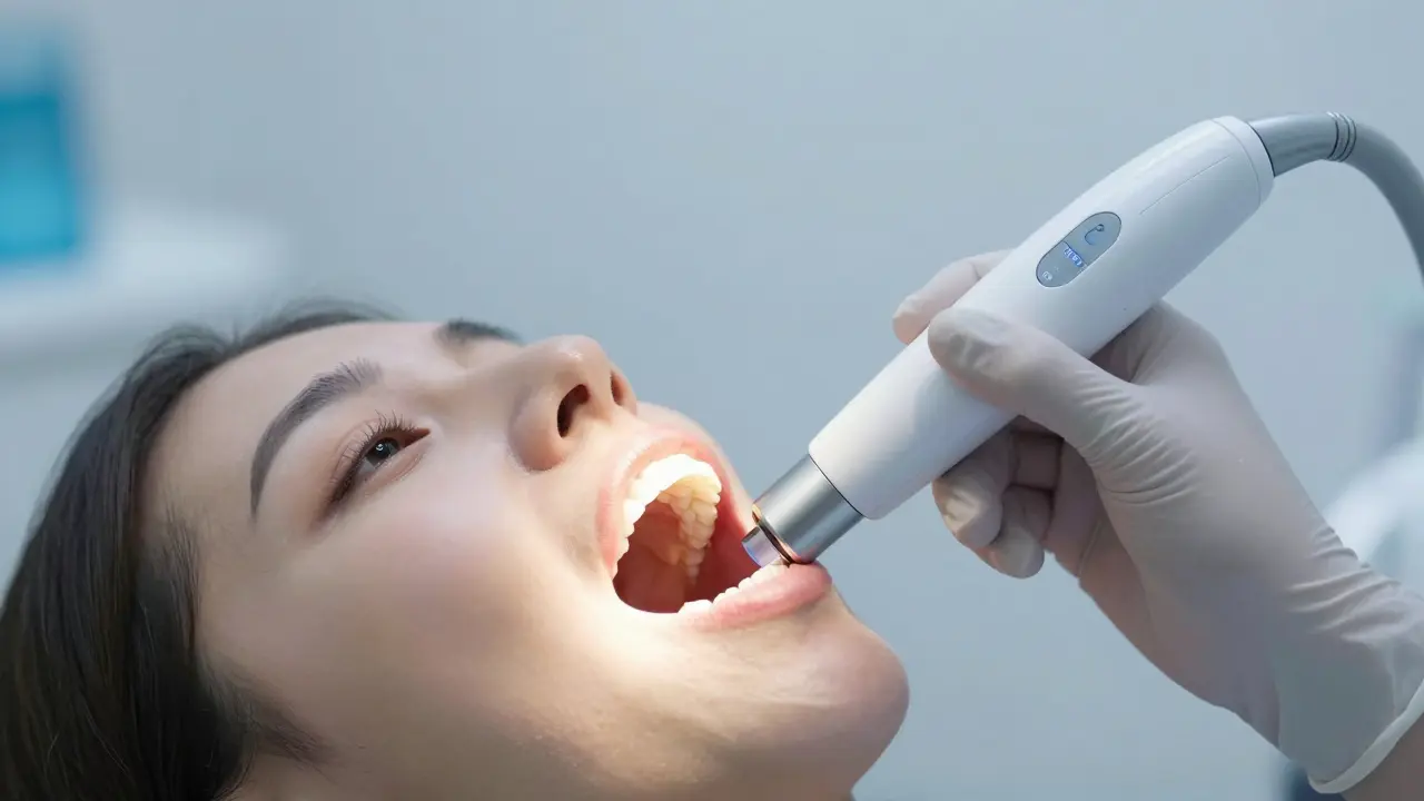 Lékařská technologie a intraorální skener pro vyšetření ústní dutiny.