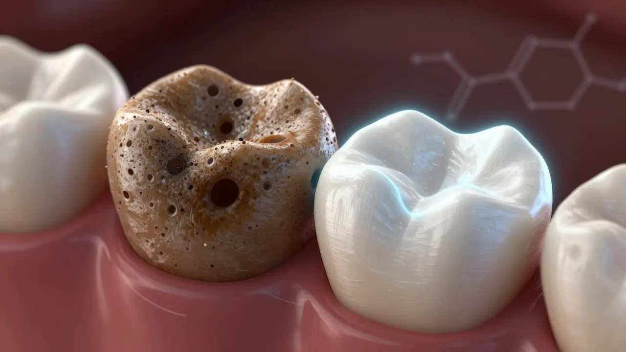 Mikroskopický pohled na zubní sklovinu s barvivy a bělicím gelem.