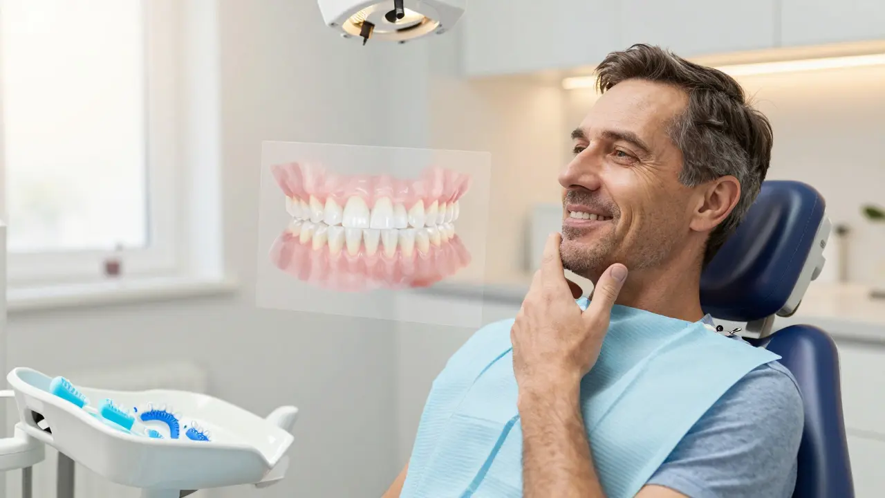 Muž v ordinaci s přemýšlivým výrazem a průhledným náznakem pohybu zubů do správné polohy.