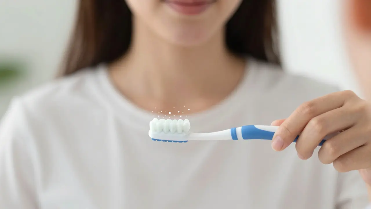 Osoba jemně čistí zuby Curaprox kartáčkem s odstraňováním plaku