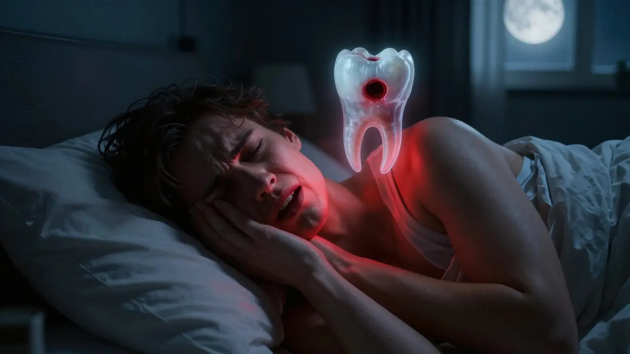Osoba v noci drží tvář v bolesti, nad čelistí se vynořuje viditelná infekce mrtvého zubu.