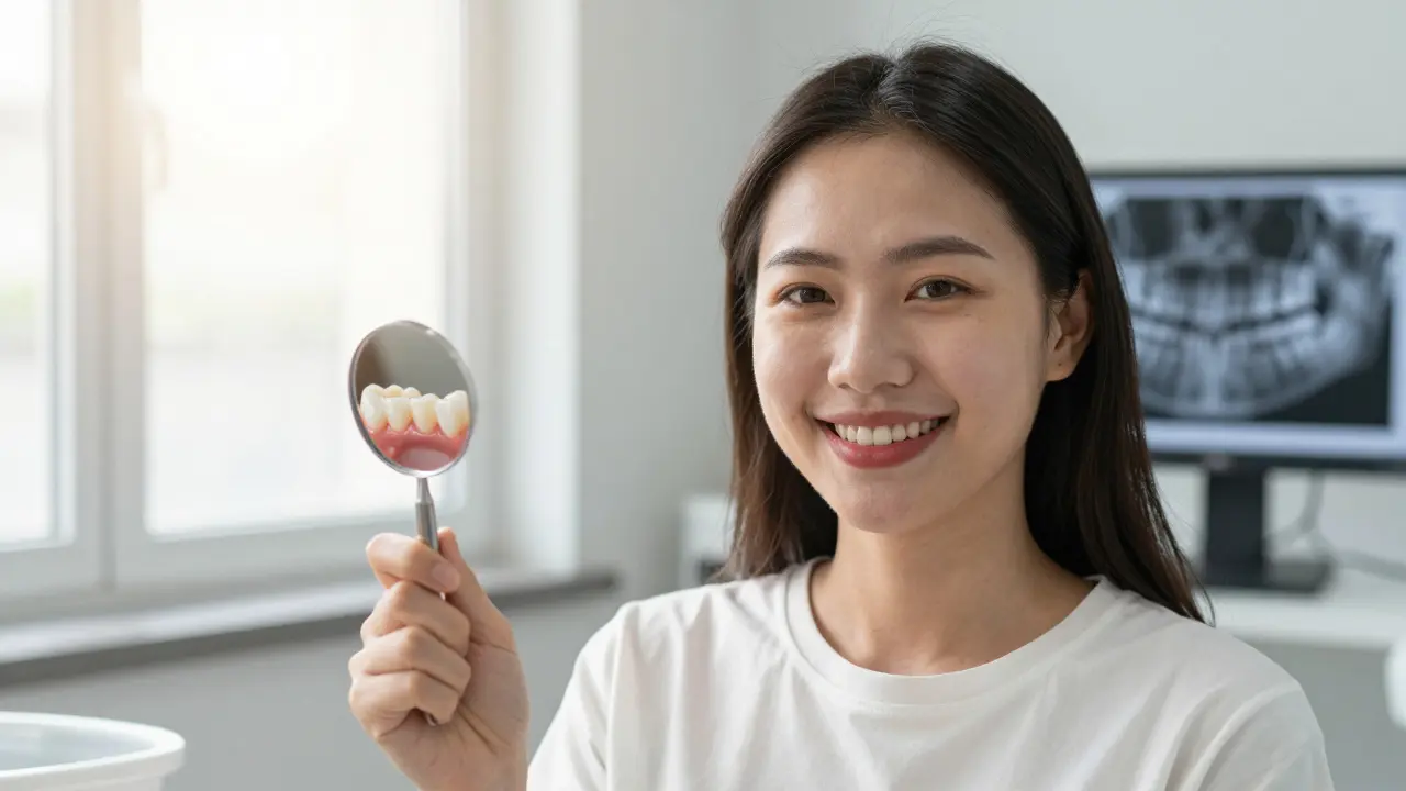 Patient smiling after root canal treatment, showing restored tooth with crown and dental X-ray in background.