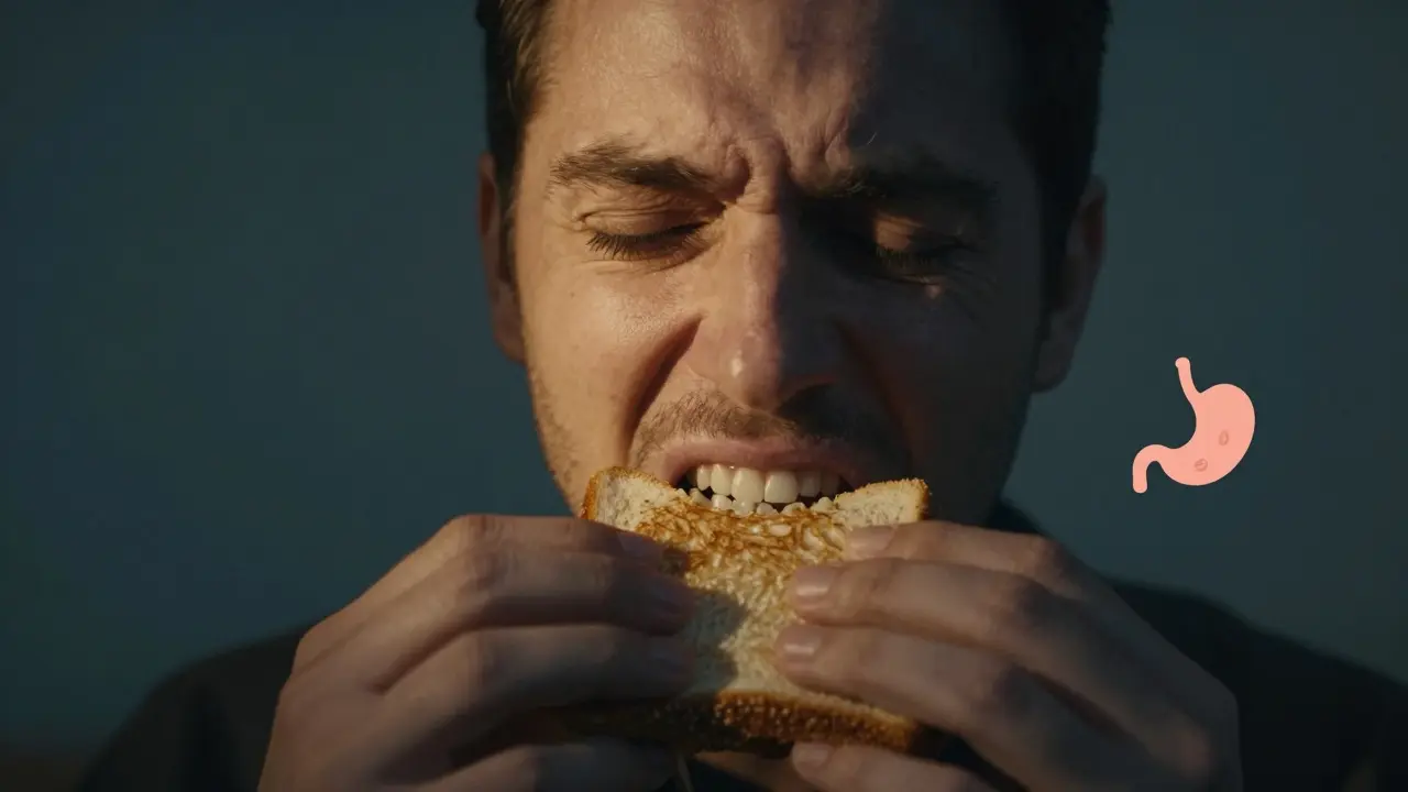 Porovnání dvou stran obličeje při kousání — vyrovnané vs. nesprávné sevření zubů.