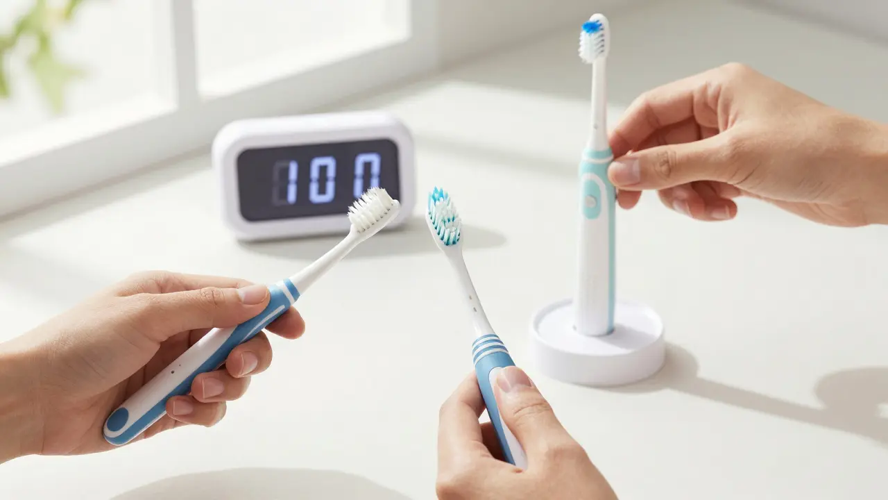 Porovnání manuálního a sonického kartáčku s novou štětinovou hlavicí na nabíjecím stojánku.