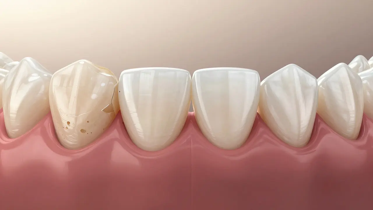 Porovnání poškozeného zubu a zubu s keramickou fazetou – estetická transformace.