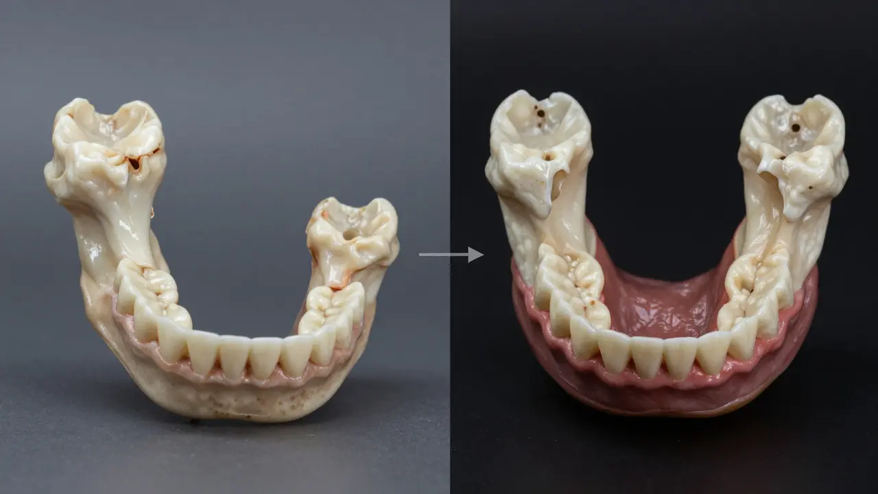 Porovnání zdravé kosti po hojení a kosti, která se resorbovala kvůli nedostatku náhrady.
