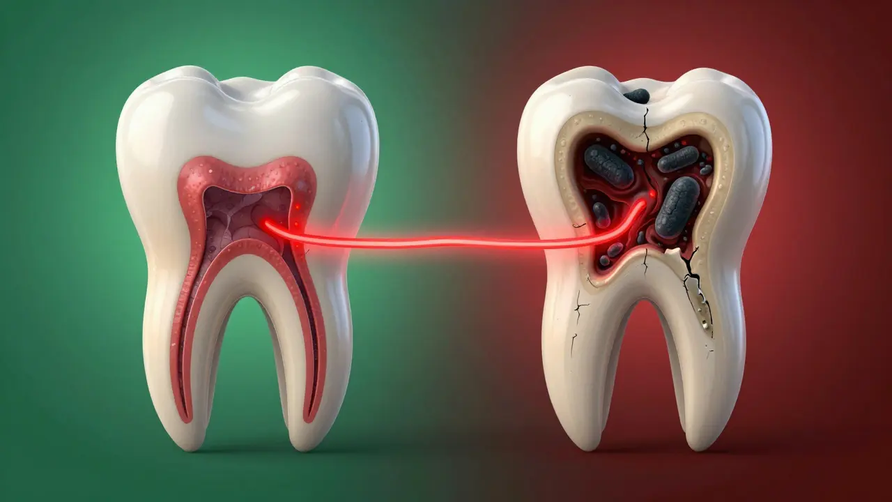 Porovnání zdravého a infikovaného zubu s viditelným šířením bakterií do kosti.