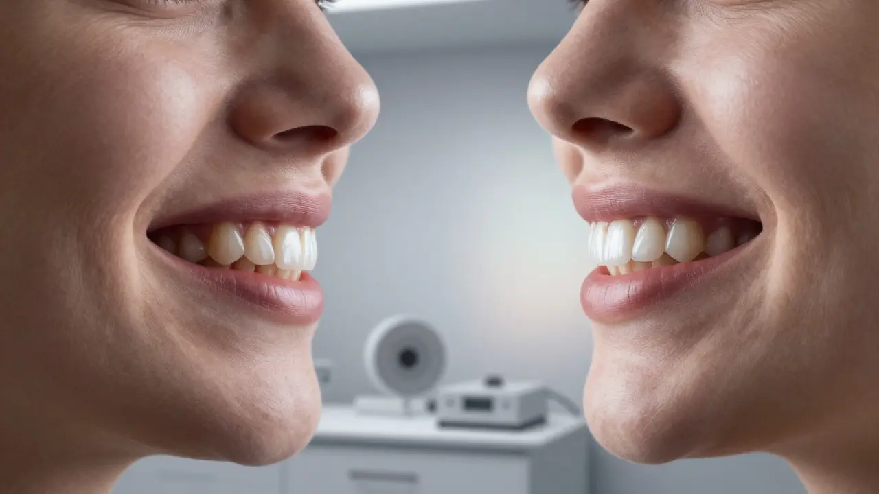 Před a po transformaci úsměvu: zuby s fazetami vpravo mají přirozený lesk a dokonalý tvar.