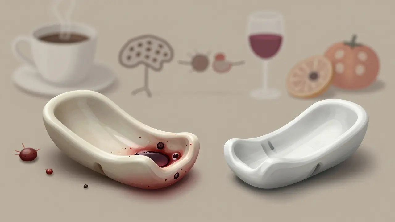 Přiblížený pohled na keramické rovnátko s kariózními skvrnami pod ním a čistým rovnátkem vedle.