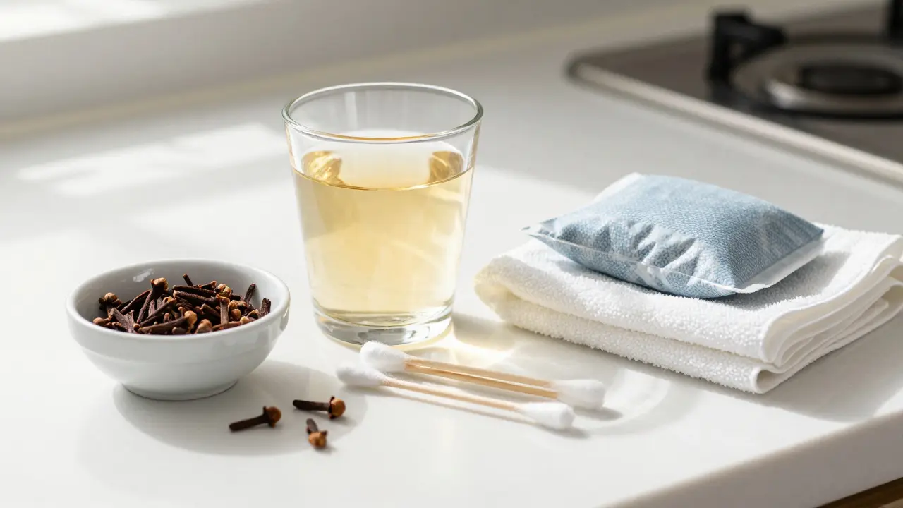 Přírodní prostředky na úlevu od bolesti zubů na kuchyňském pultě