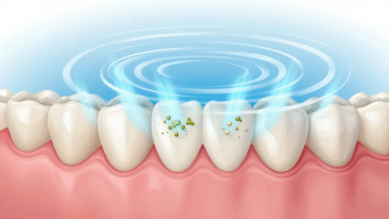 Průřez zubů a dásní s vlnami vibrací od sonického kartáčku, které odstraňují zubní plak mezi zuby.