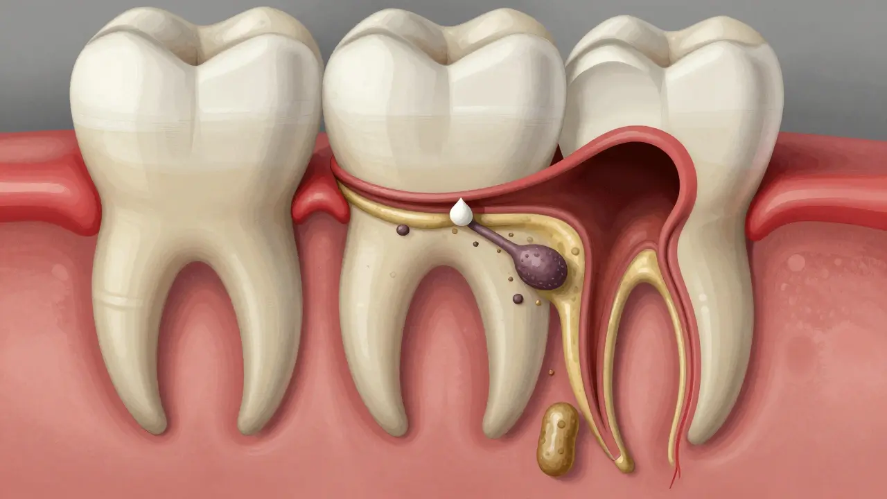 Průřez zubu s viditelným rozkladem skloviny a kariés blížící se k zubnímu nervu.