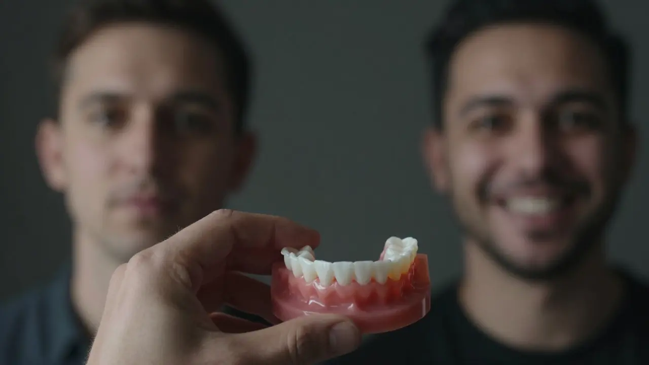 Ruka vkládá odstraňovatelnou protézu do úst, s rozdílnými profily tváře před a po.