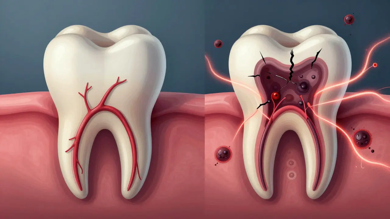 Side-by-side comparison of a healthy tooth and an infected tooth with spreading bacteria in the jawbone.