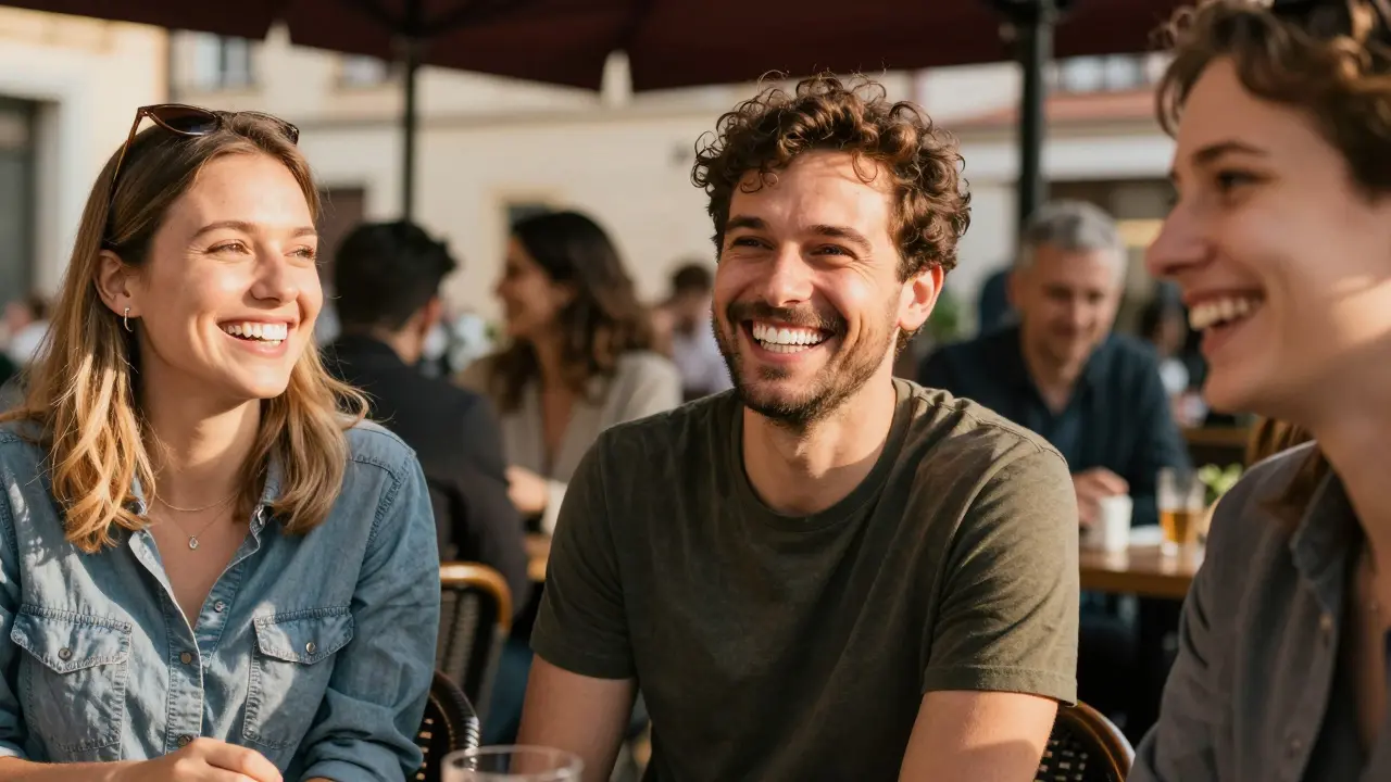 Skupina lidí se směje na terase v Praze, jejich úsměvy jsou světlé, přirozené a plné sebevědomí.