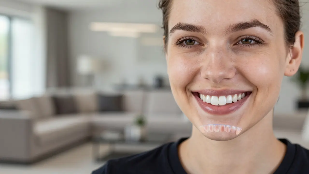 Smiling person with transparent overlay showing aging composite vs. durable porcelain veneers.