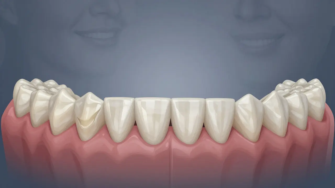 Srovnání špatně a správně zarovnaných zubů v řezu, s viditelným rozdílem v rozložení tlaku.