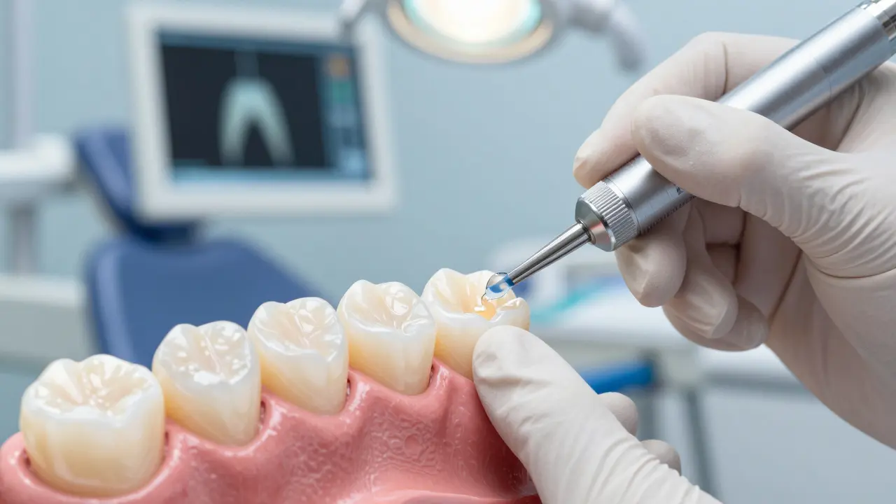 Stomatolog připevňuje keramickou fazetu na připravený zub pomocí přesných nástrojů.