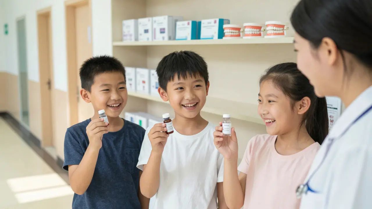 Tři děti se smějí v klinice, každá drží genetický lék, rodič se dívá s úlevou.