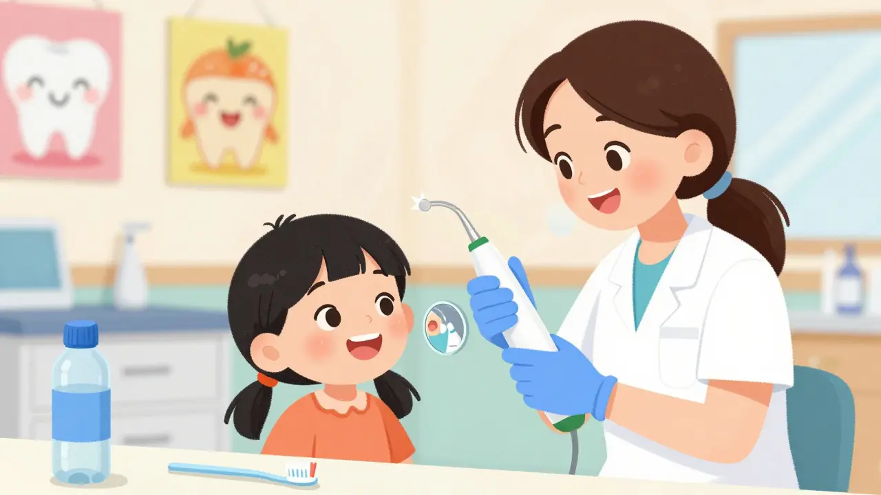 Zubní hygienik čistí zuby dítěti v přívětivé ordinaci, dítě se usmívá.