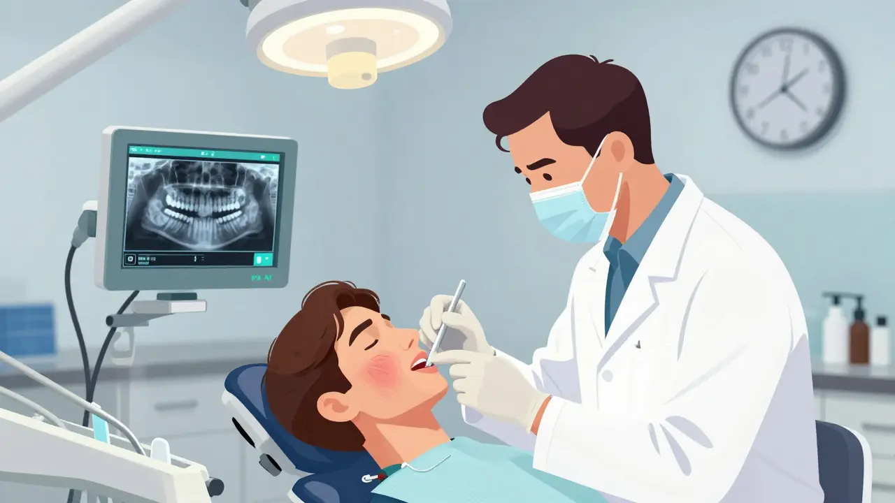 Zubní lékař vyšetřuje pacienta s otokem tváře v noční pohotovosti.