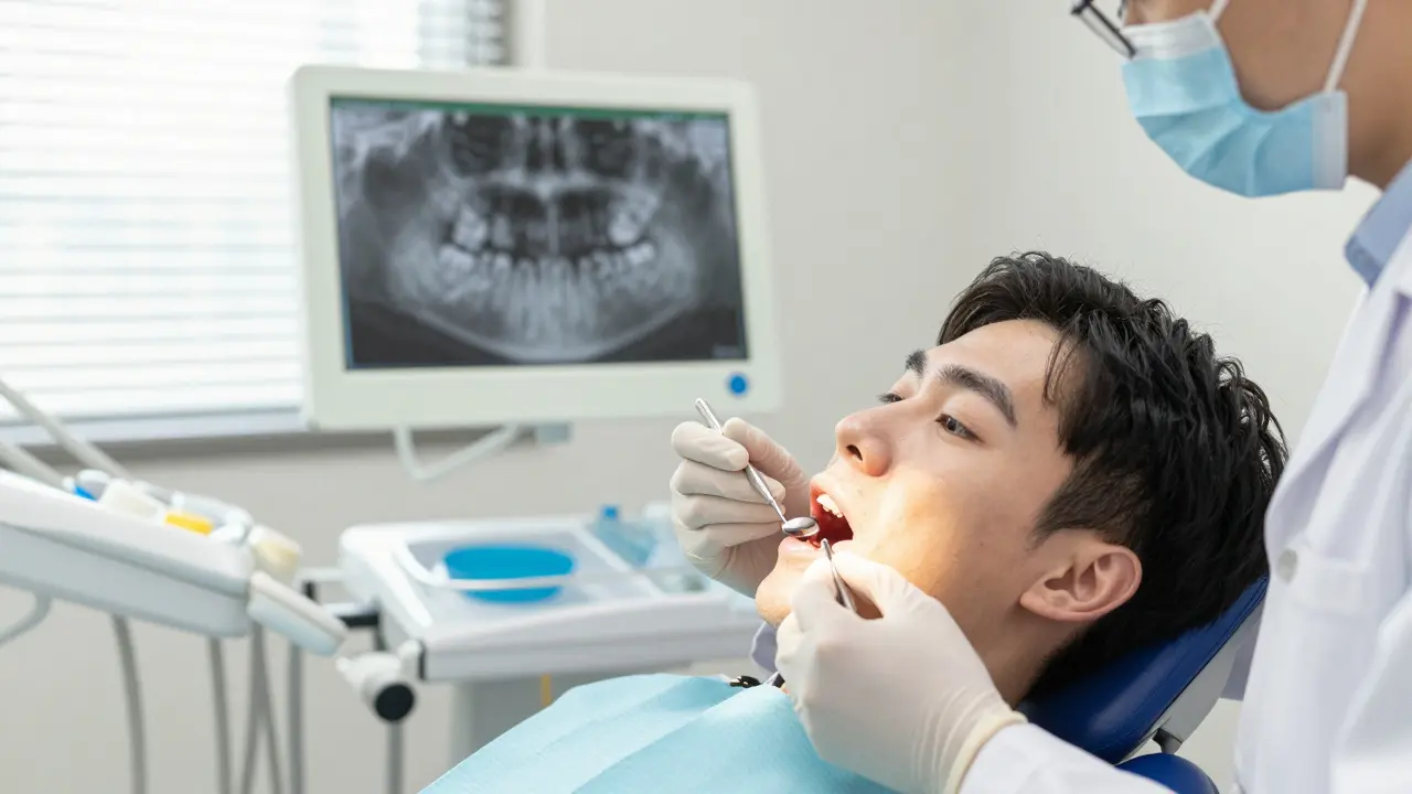 Zubní lékař vyšetřuje zub s pomocí zrcátka, na pozadí je rentgenový snímek díry.