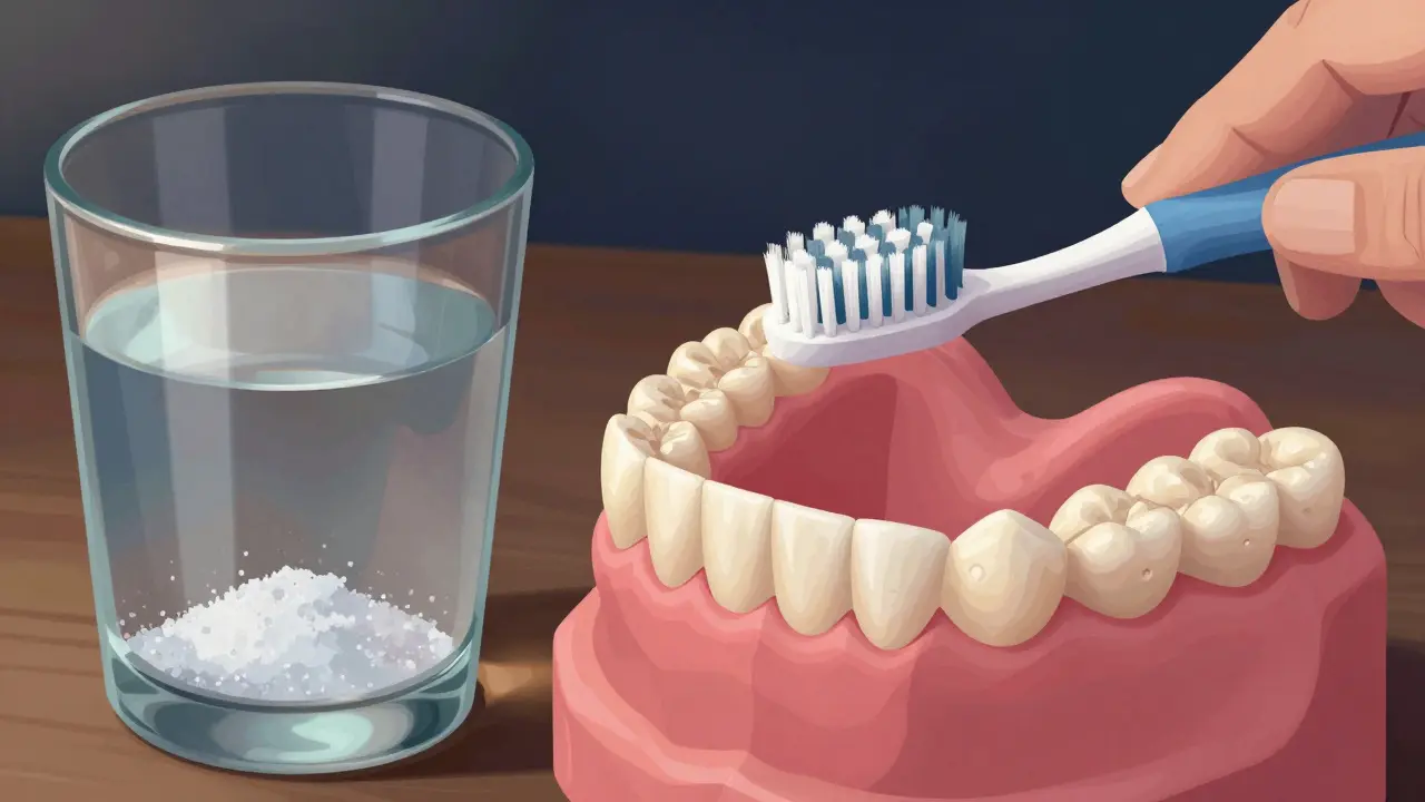 Zubní protéza odpočívá v sklenici s vodou a solí večer, zatímco jsou čištěny zbylé zuby.