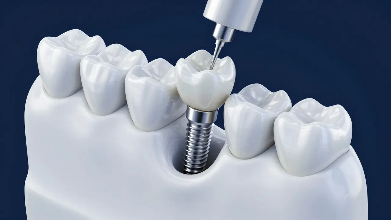 3D model dentálního implantátu s zirkoniovou korunkou v čelisti.
