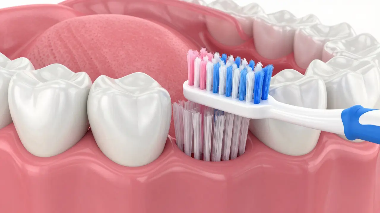 3D model ukázující správné přiložení jemného kartáčku k dásni pod úhlem 45 stupňů.