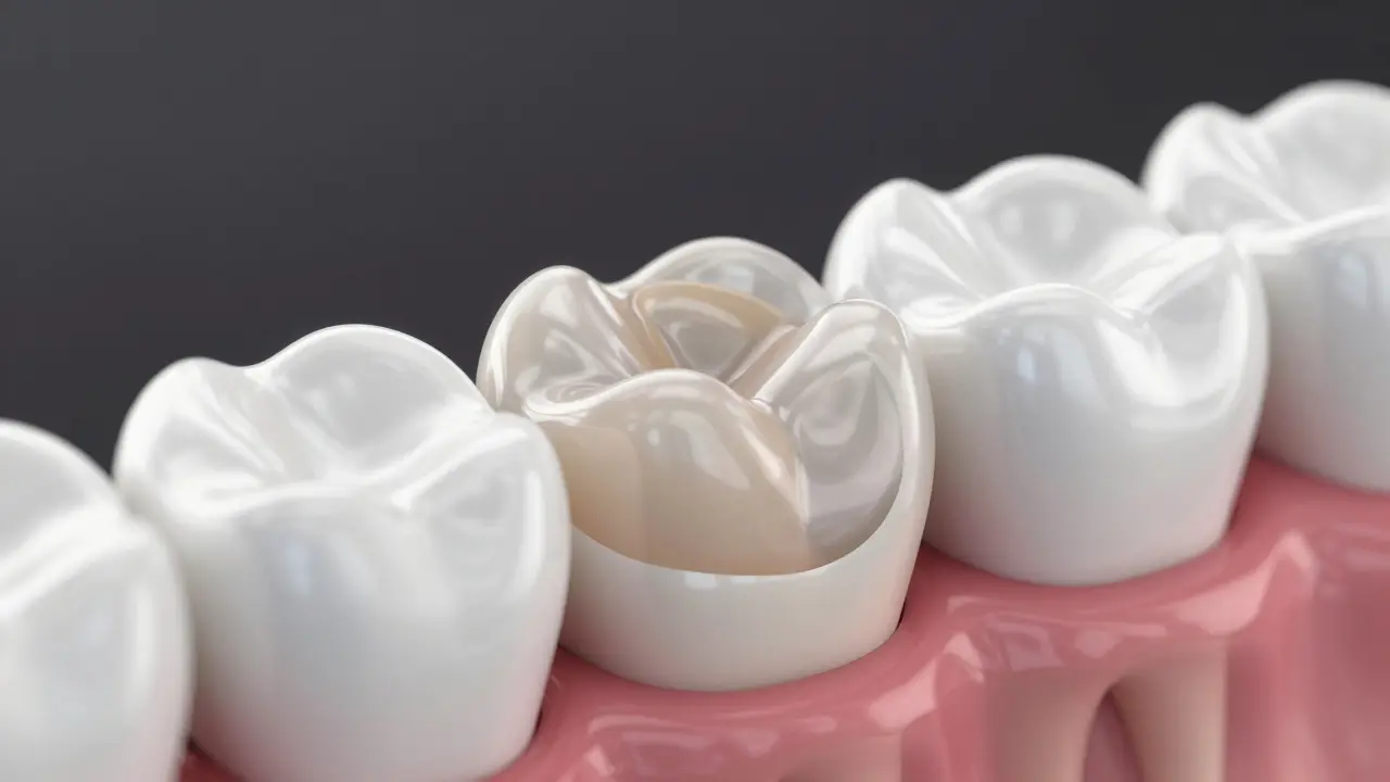 3D schéma znázornující chemické spojení kompozitní výplně se strukturou zubu.