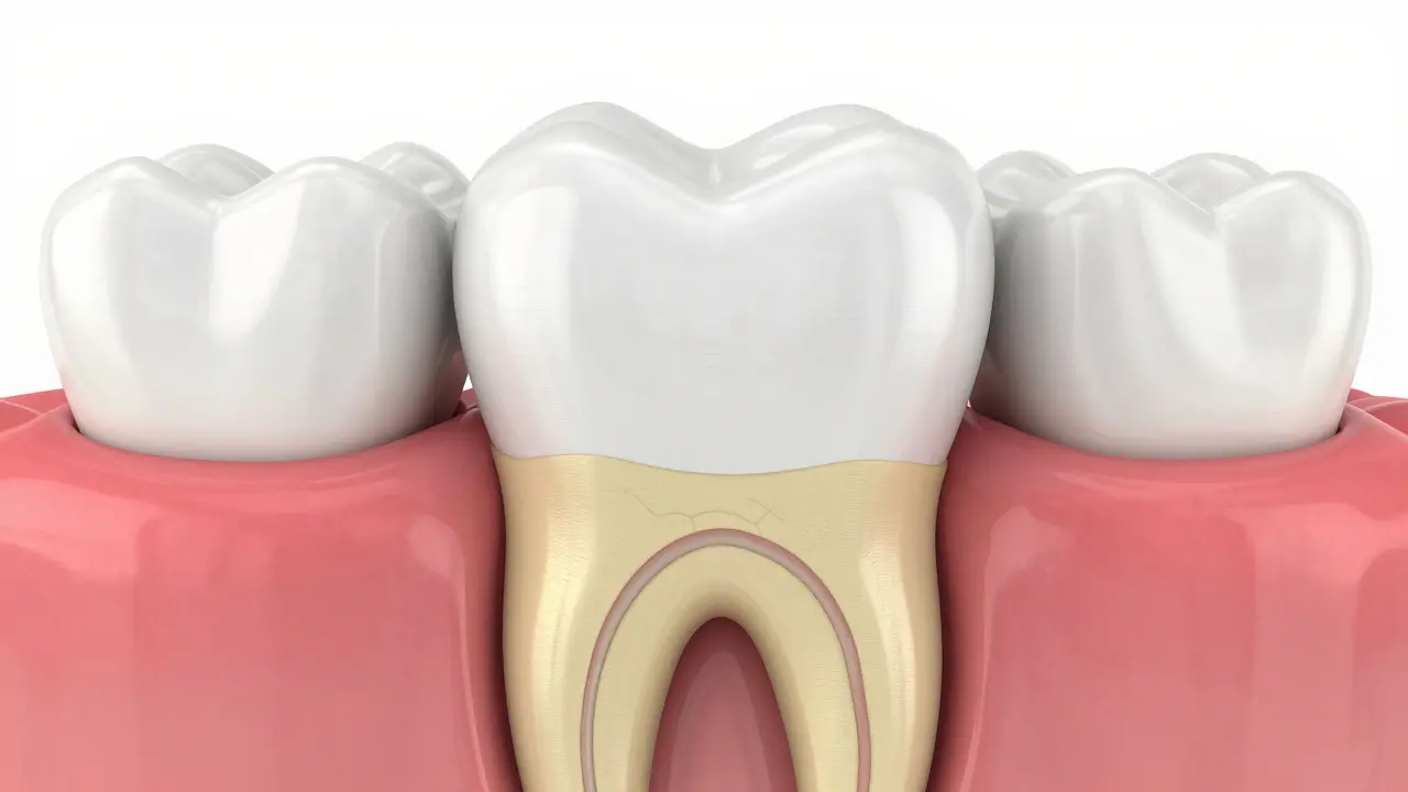3D schéma zubu s tenkou sklovinou, žlutým dentinem a recedujícími dásněmi.