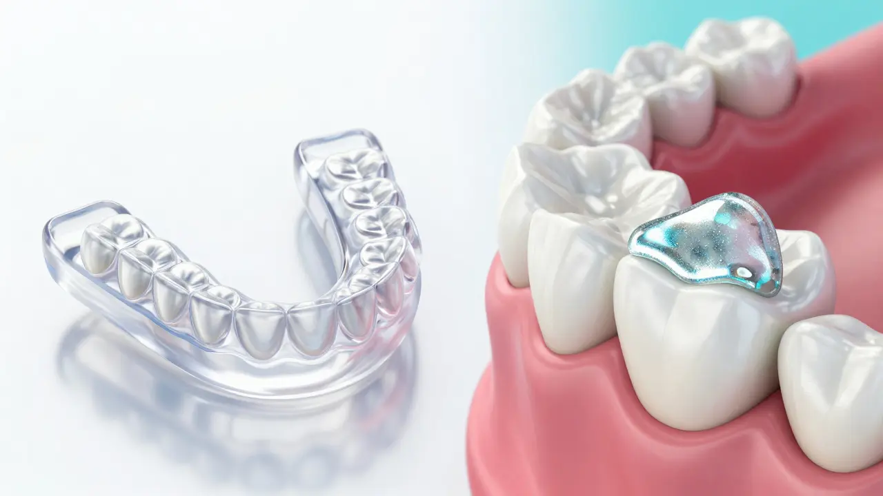 3D vizualizace ochranné noční dlahy a aplikace fluoridového laku na zub.