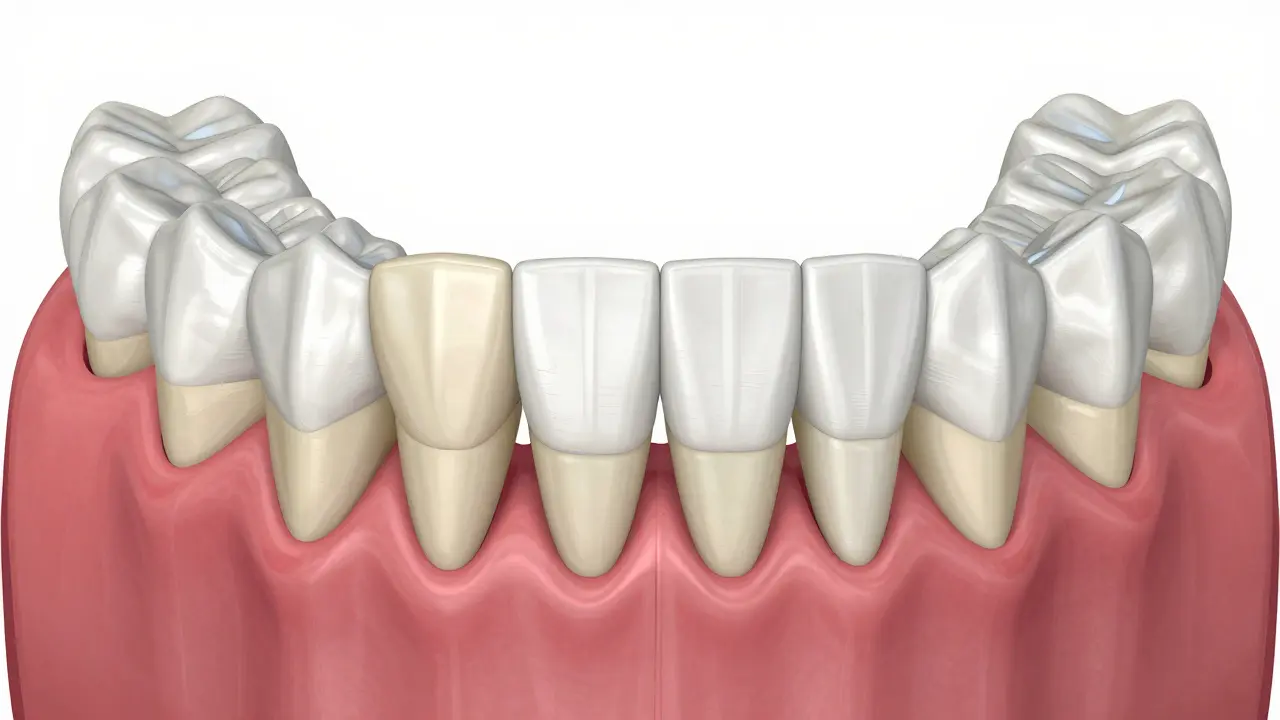 Anatomická ilustrace různých typů zubů v čelisti.