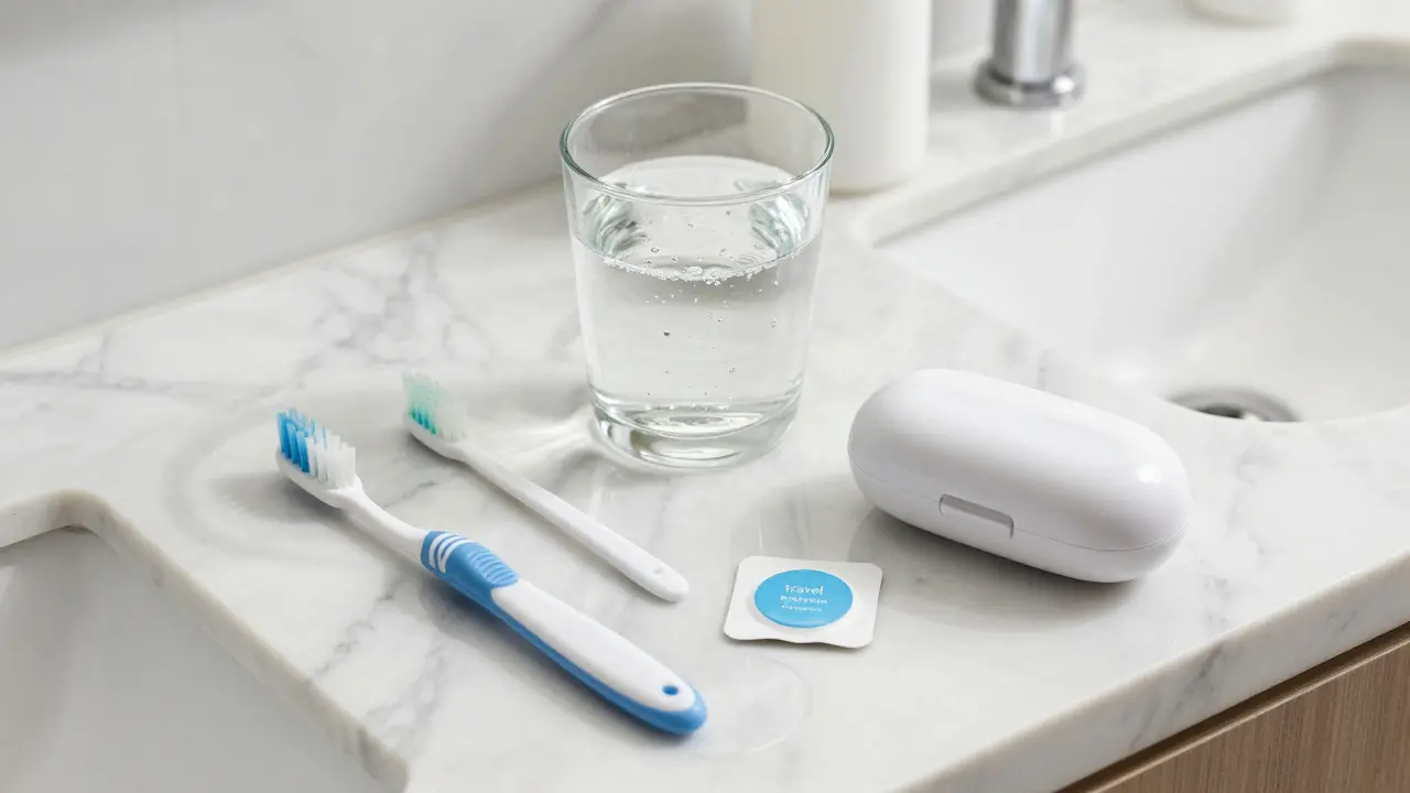 Cestovní set pro péči o zuby s kartáčkem, pouzdrem a čisticí tabletou.