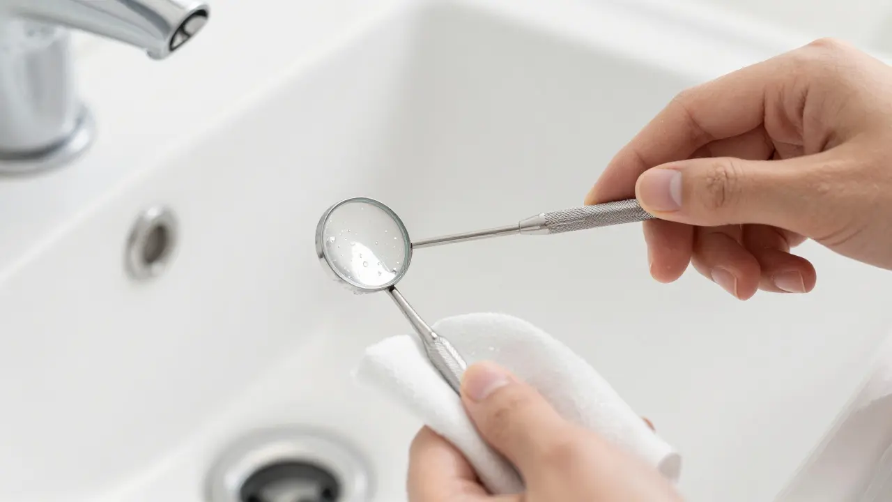 Čištění nerezového dentálního zrcátka v koupelovém umyvadle.