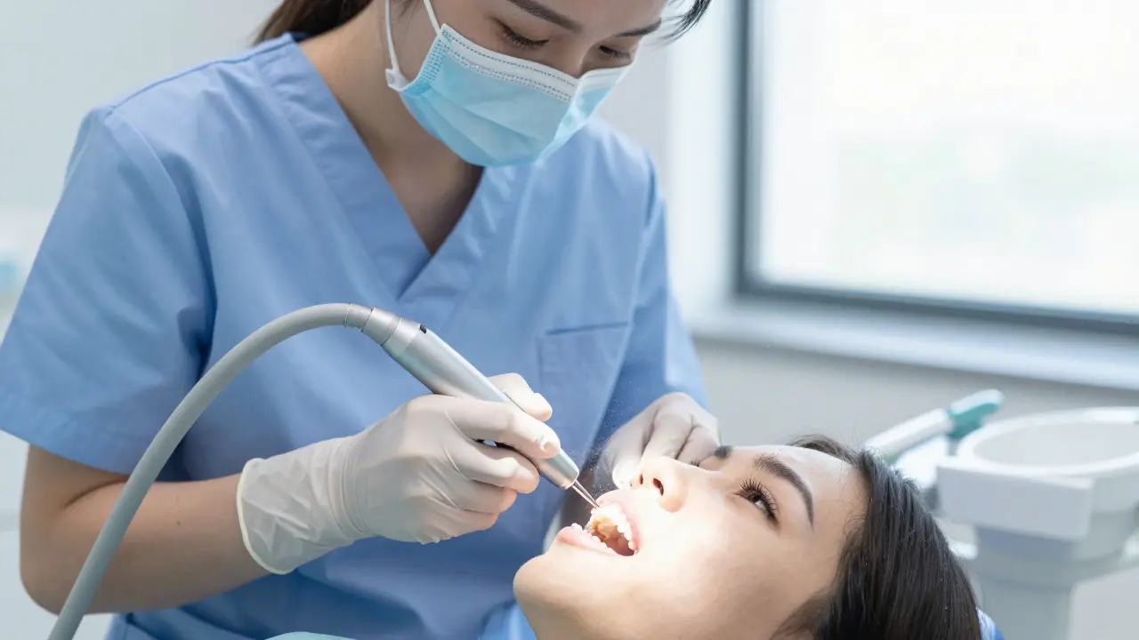 Dentální hygienik provádí profesionální čištění zubů ultrazvukovým přístrojem.