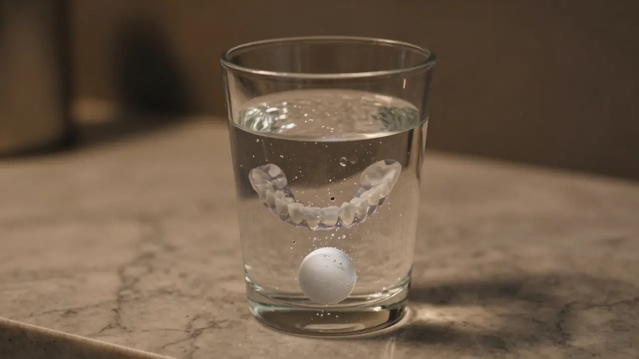 Dentální protéza v poháru s čistící tabletou pro noční hygienu.