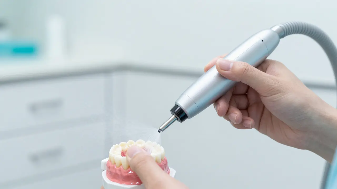 Detail profesionálního přístroje na pískování zubů v akci v dentální klinice.