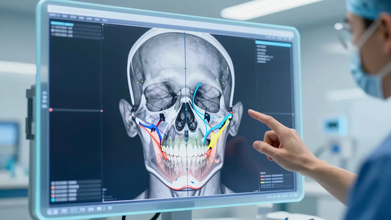 Digitální 3D plánování čelistní operace na monitoru v moderní klinice.
