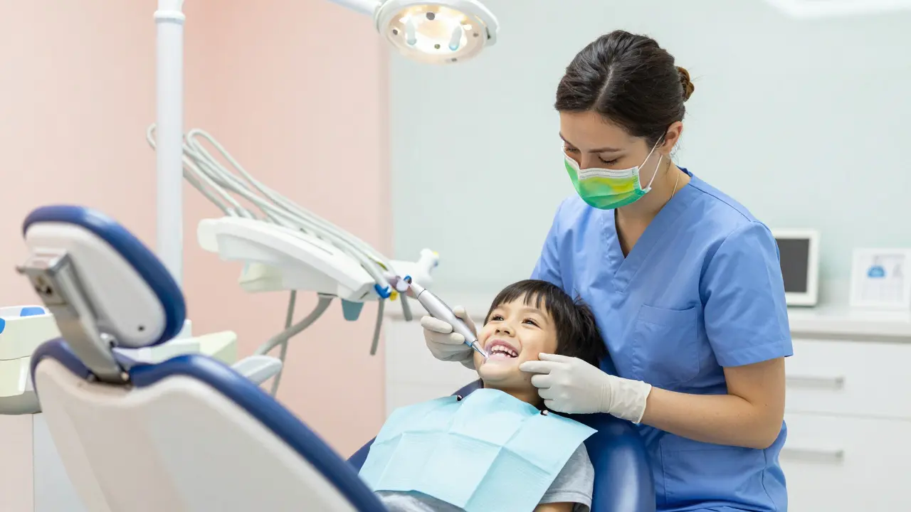 Dítě u dentální hygienistky při profesionálním čištění zubů ultrazvukem.