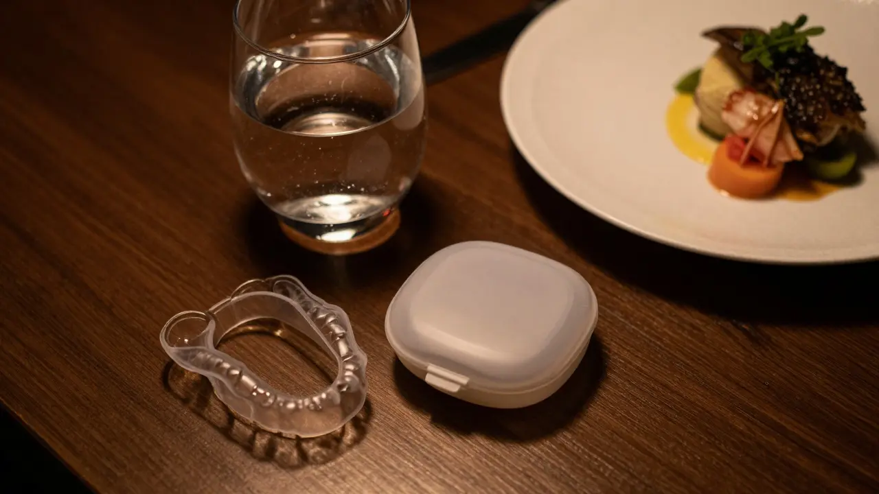 Elegantní pouzdro na alignery položené na stole v restauraci vedle jídla.