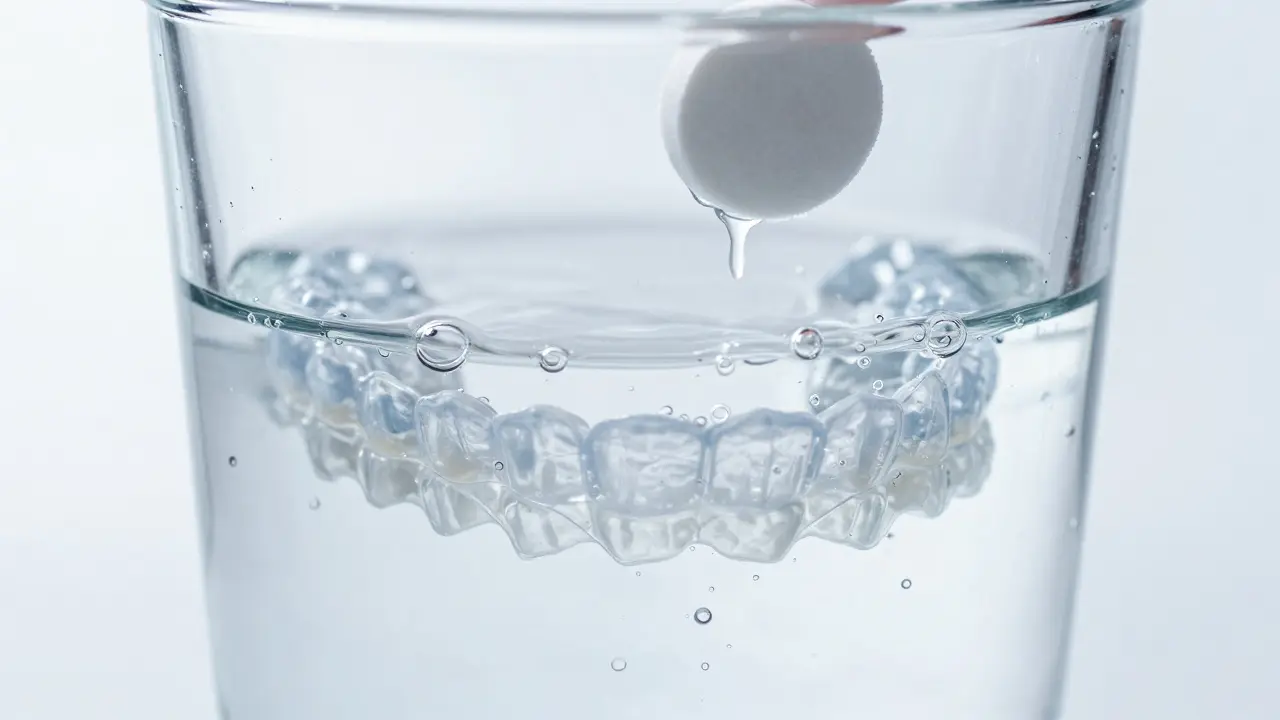 Hloubkové čištění alignerů pomocí šumivé tablety ve sklenici s vodou.