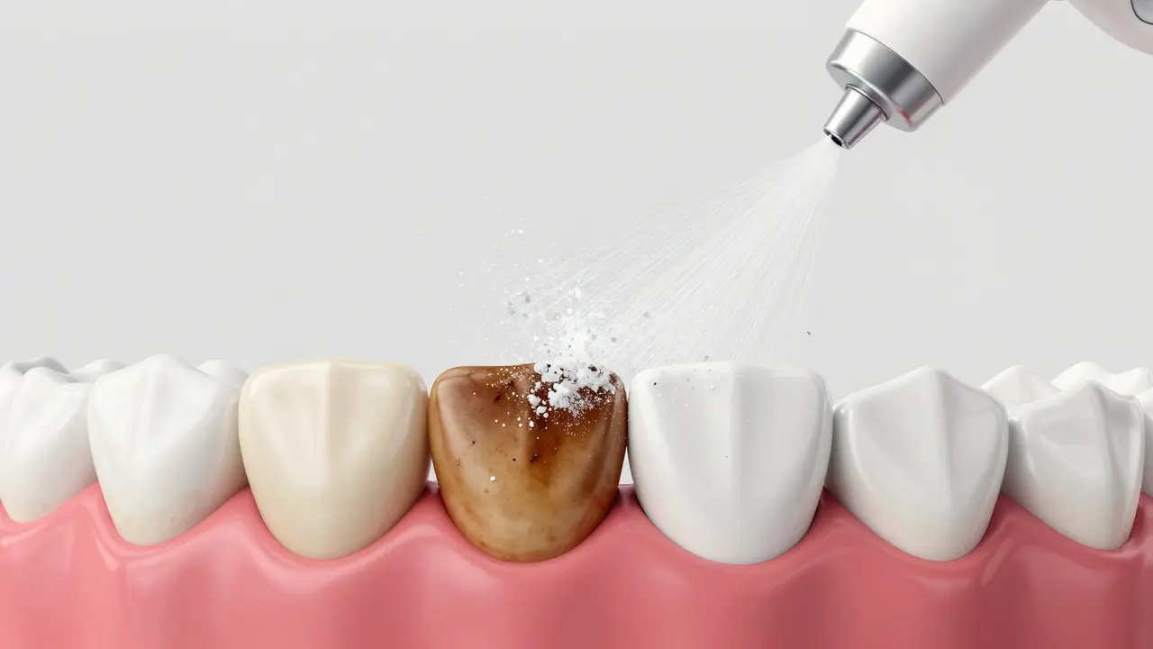 Ilustrace procesu Airflow čištění odstraňujícího pigmentace z zubů.