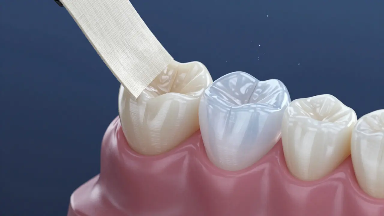 Konceptuální 3D model porcelánového vinyru aplikovaného na zub pro perfektní tvar.