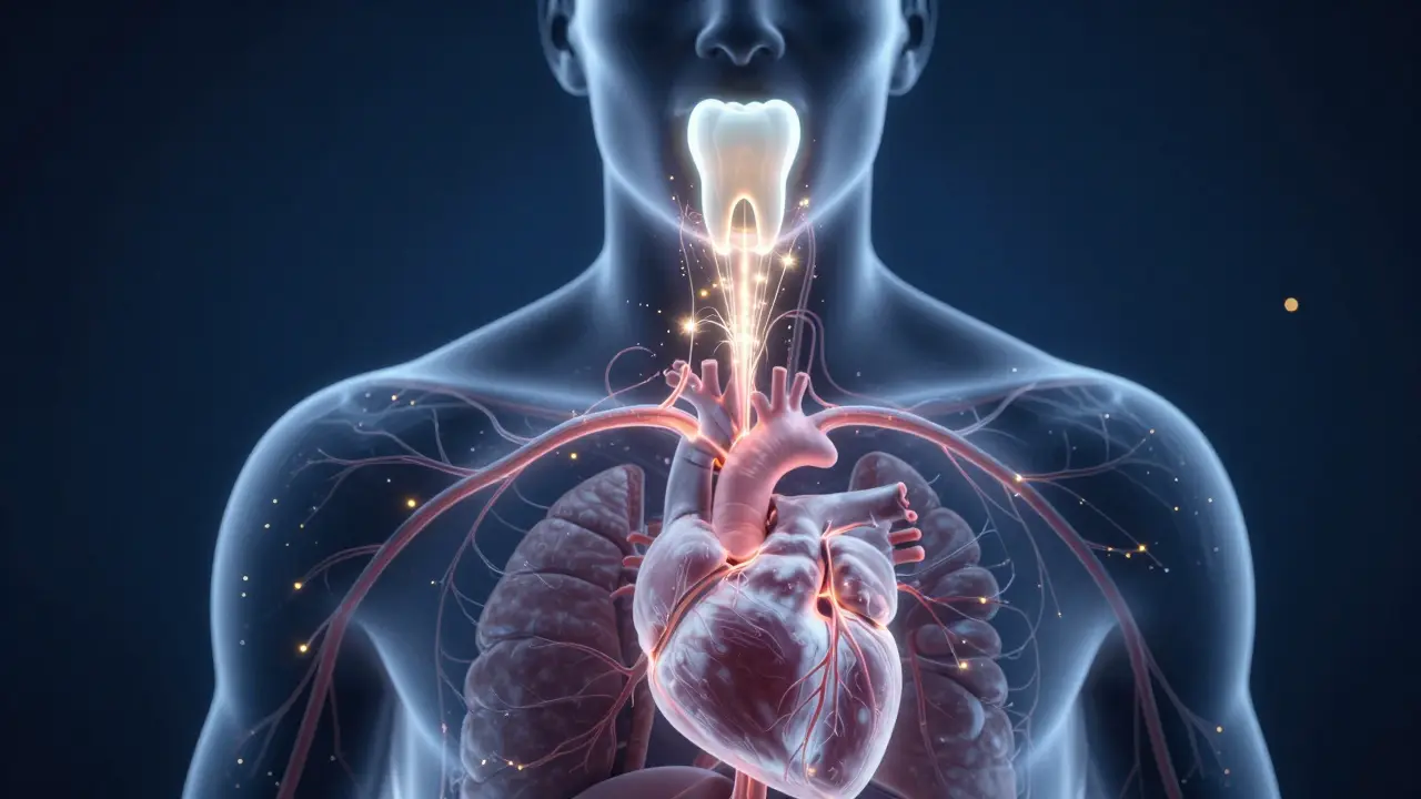 Konceptuální obraz propojení zdraví zubů se zdravím celého těla.