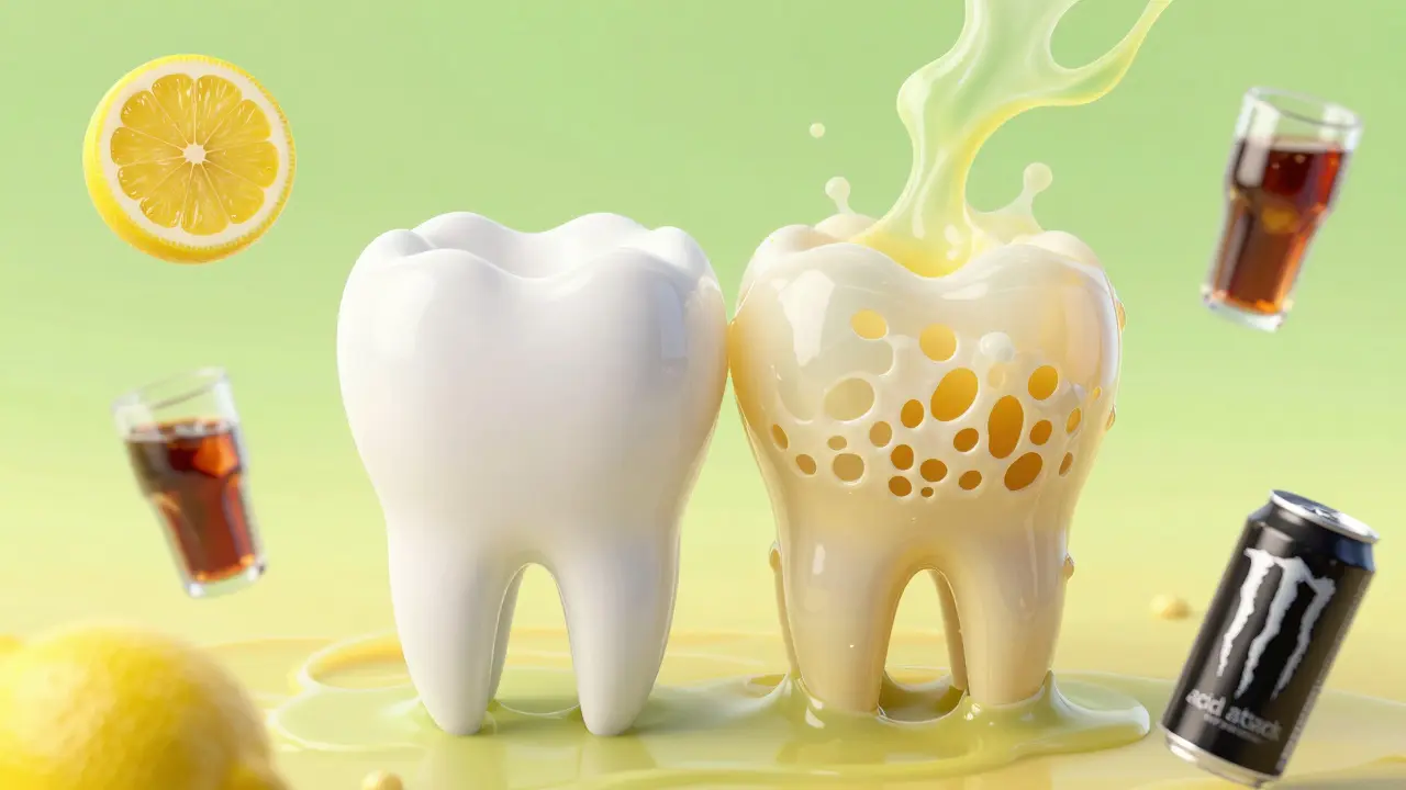 Konceptuální zobrazení eroze zubní skloviny způsobené kyselinami z citrusů a kolových nápojů.