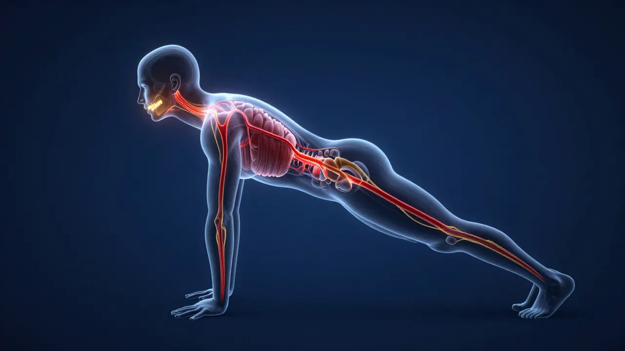 Konceptuální zobrazení přítoku kyslíku do dásní při pozici psa v postoji.