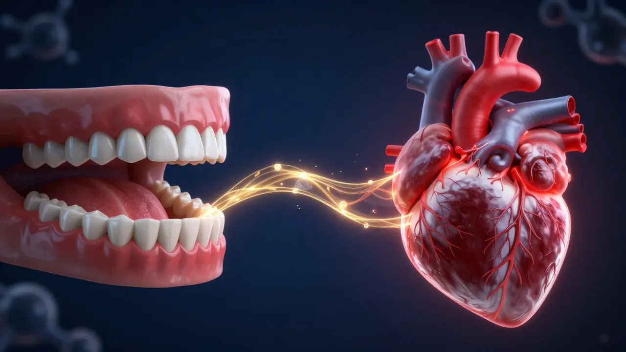 Konceptuální zobrazování vztahu mezi zdravím dásní a zdravím srdce.